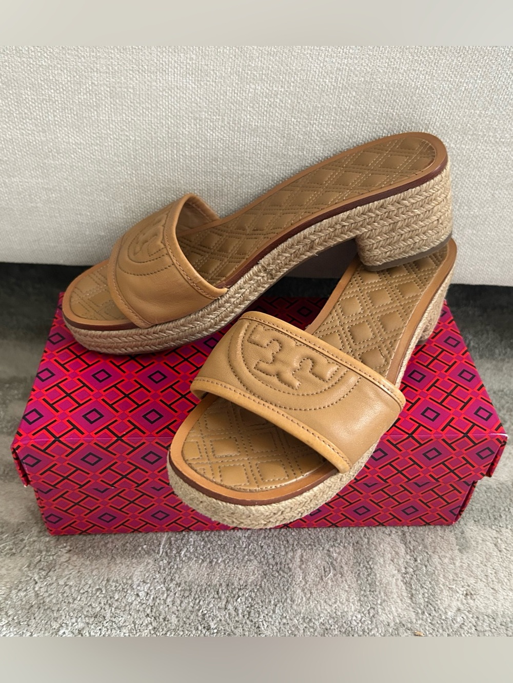 Tory Burch Cognac Leather Espadrille Slide Mules; size 8